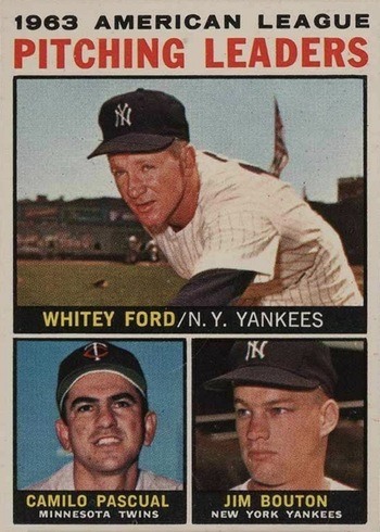 1964 Topps #4 Whitey Ford, Camilo Pascual and Jim Bouton AL Pitching Leaders Baseball Card
