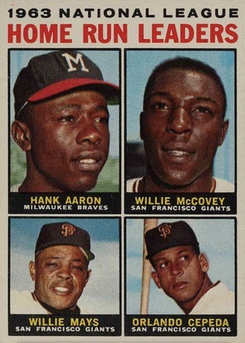 1964 Topps #9 Hank Aaron, Willie McCovey, Willie Mays, Orlando Cepeda NL Home Run Leaders Baseball Card