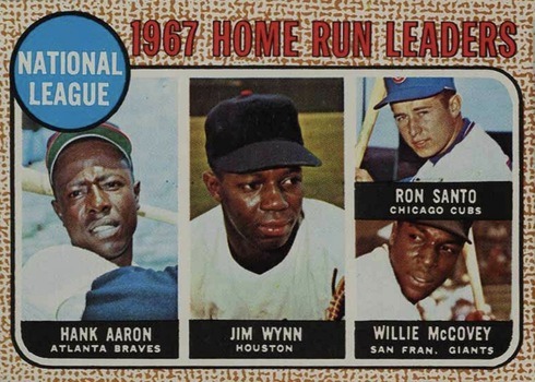 1968 Topps #5 Hank Aaron, Jim Wynn, Ron Santo and Willie McCovey NL Home Run Leaders Baseball Card