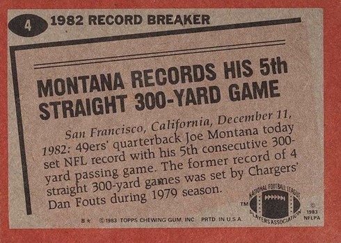 1983 Topps #4 Record Breaker Joe Montana Football Card Reverse Side