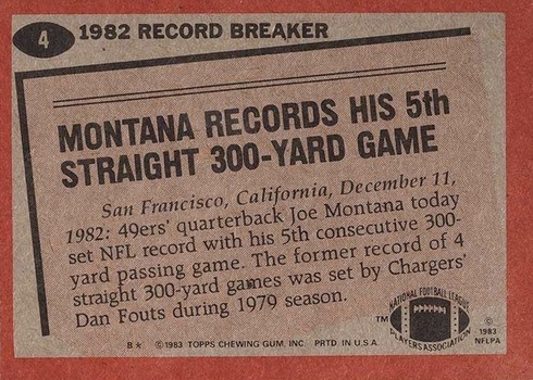 1983 Topps #4 Record Breaker Joe Montana Football Card Reverse Side 1983 Topps #4 Record Breaker Joe Montana Football Card Reverse Side