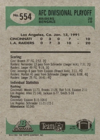 1991 Bowman #554 Playoffs Bo Jackson Football Card Reverse Side