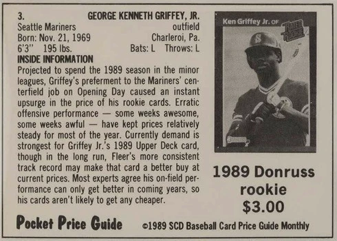1989 SCD Baseball Pocket Price Guides #3 Ken Griffey Jr. Rookie Card Reverse Side