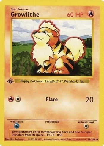 1999 Πρώτη έκδοση Pokemon Card Growlithe #28
