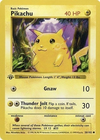 1999 First Edition Pokemon Card Pikachu Yellow Cheeks #58