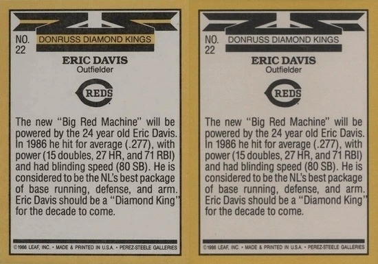 1987 Donruss #22 Eric Davis Diamond King Baseball Card Reverse Side