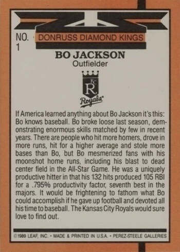 1990 Donruss #1 Diamond Kings Bo Jackson Baseball Card Reverse Side
