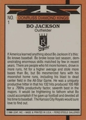 1990 Donruss #1 Diamond Kings Bo Jackson Baseball Card Reverse Side 1990 Donruss #1 Diamond Kings Bo Jackson Baseball Card Reverse Side
