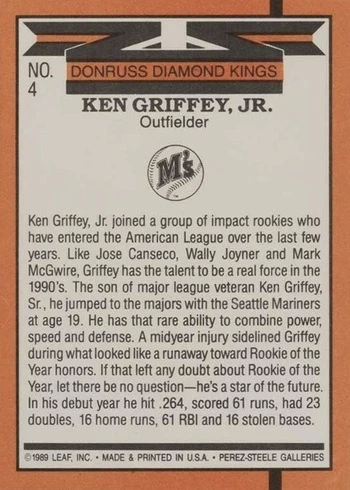 1990 Donruss #4 Diamond Kings Ken Griffey Jr. Baseball Card Reverse Side