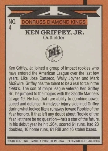 1990 Donruss #4 Diamond Kings Ken Griffey Jr. Baseball Card Reverse Side 1990 Donruss #4 Diamond Kings Ken Griffey Jr. Baseball Card Reverse Side