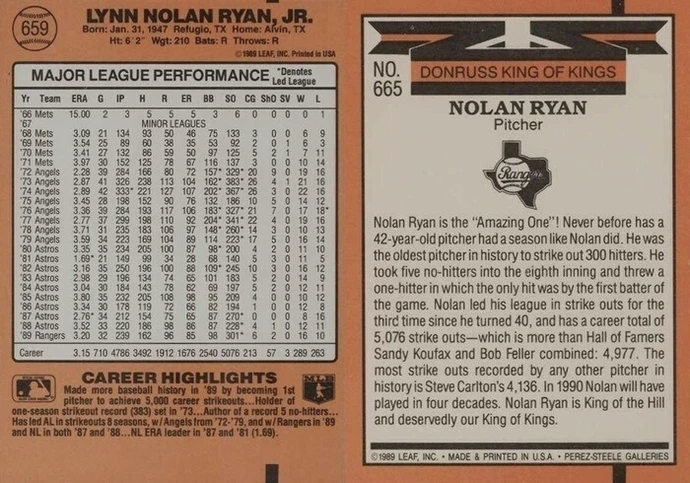 1990 Donruss #659 5000 Strikeouts Tribute Nolan Ryan Baseball Card Reverse Side 1990 Donruss #659 5000 Strikeouts Tribute Nolan Ryan Baseball Card Reverse Side