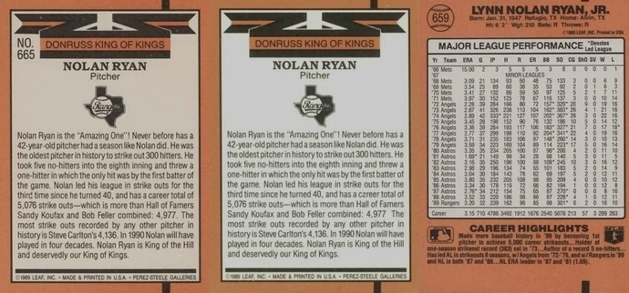 1990 Donruss #665 King of Kings Nolan Ryan Baseball Card Reverse Side