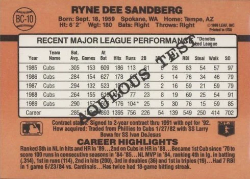 1990 Donruss Aqueous Test Ryne Sandberg Baseball Card