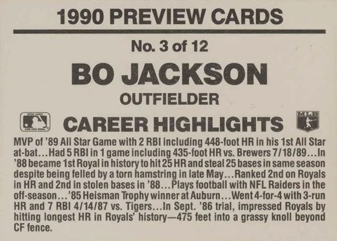 1990 Donruss Previews #3 Bo Jackson Baseball Card Reverse Side