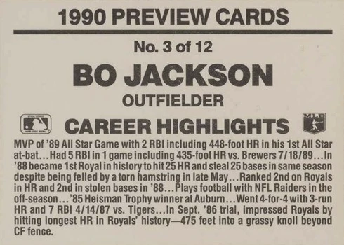 1990 Donruss Previews #3 Bo Jackson Baseball Card Reverse Side 1990 Donruss Previews #3 Bo Jackson Baseball Card Reverse Side