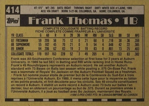 1990 O-Pee-Chee #414 Frank Thomas Rookie Card Reverse Side