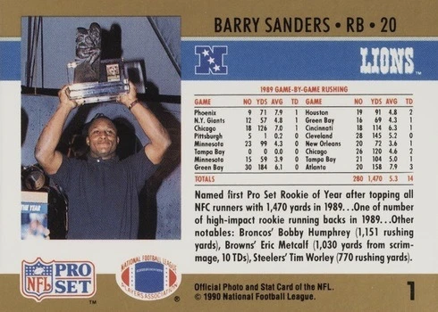 1990 Pro Set #1 Barry Sanders Rookie of the Year Football Card Reverse Side