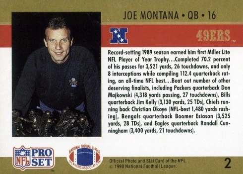 1990 Pro Set #2 3130 Yards Joe Montana Football Card Reverse Side