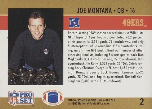 1990 Pro Set #2 3521 Yards Joe Montana Football Card Reverse Side