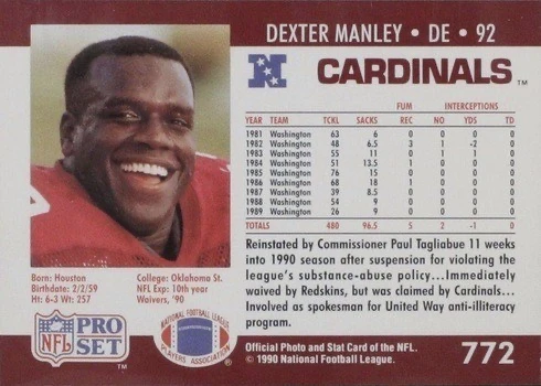 1990 Pro Set #772 Dexter Manley Substance Drug Abuse Card Reverse Side