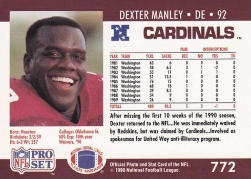 1990 Pro Set #772 Dexter Manley Without Mention of Drug Abuse Card Reverse Side