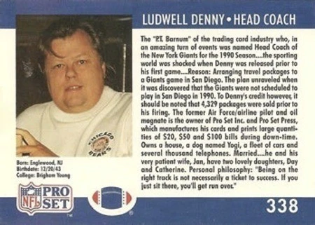 1990 Pro Set Ludwell Denny Football Card Reverse Side