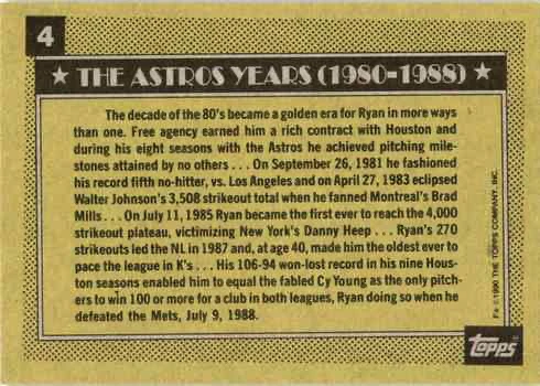 1990 Topps #4 Astros Years Nolan Ryan Baseball Card Reverse Side 1990 Topps #4 Astros Years Nolan Ryan Baseball Card Reverse Side