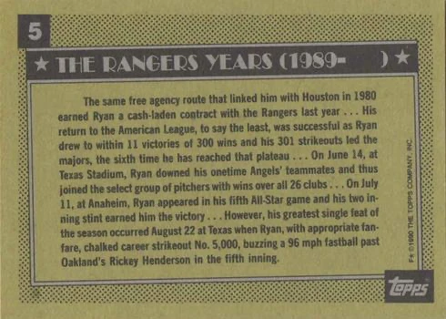 1990 Topps #5 Rangers Years Nolan Ryan Baseball Card Reverse Side 1990 Topps #5 Rangers Years Nolan Ryan Baseball Card Reverse Side