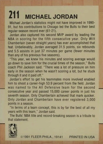 1991 Fleer #211 Michael Jordan All Star Basketball Card Reverse Side