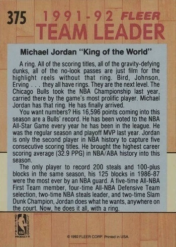 1991 Fleer #375 Michael Jordan Team Leader Basketball Card Reverse Side