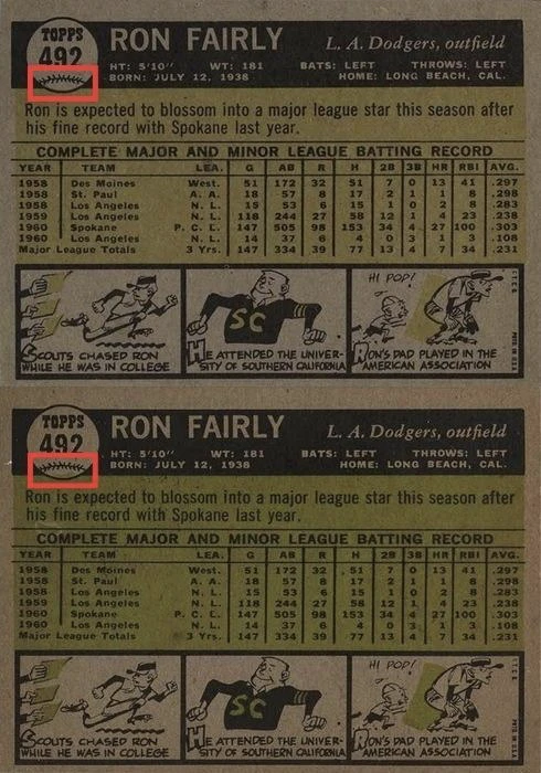 1961 Topps #492 Ron Fairly Baseball Card Reverse Side With Green Baseball