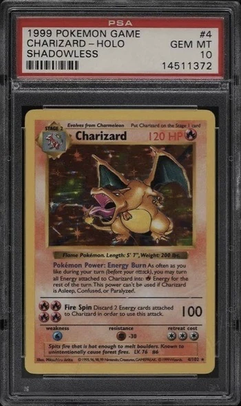 Tarjeta de Pokémon de Charizard sin sombras de 1999