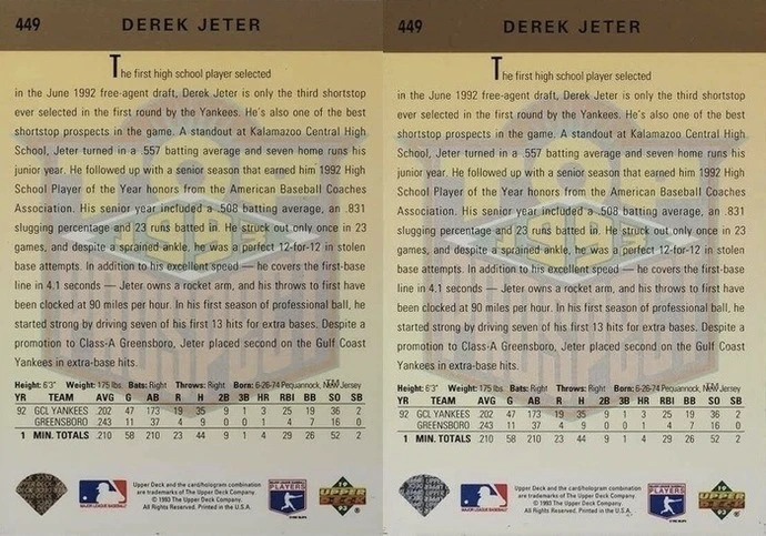 1993 Upper Deck Gold Hologram #449 Derek Jeter Rookie Card Reverse Side