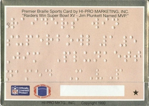1990 Action Packed Braille Jim Plunkett Football Card Reverse Side
