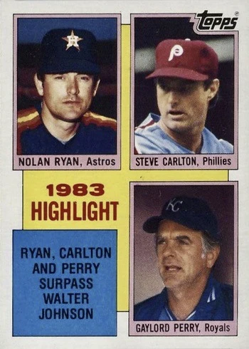 1984 Topps #4 Nolan Ryan, Steve Carlton, Gaylord Perry Surpass Walter Johnson Strikeouts Highlight Baseball Card