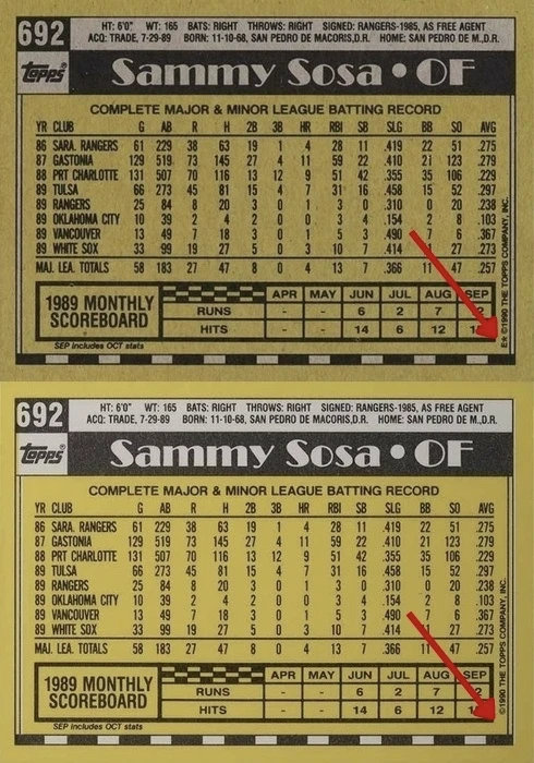 Side By Side Comparison of a 1990 Topps and 1990 Topps Tiffany Sammy Sosa Card to Show the Differences