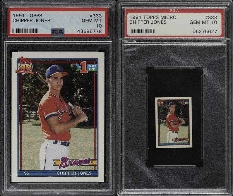 1991 Topps Chipper Jones and 1991 Topps Micro Chipper Jones Rookie Card Side By Side Comparison 1991 Topps Chipper Jones and 1991 Topps Micro Chipper Jones Rookie Card Side By Side Comparison