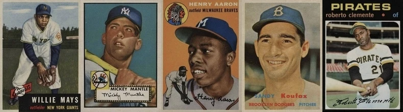 Collection of Willie Mays, Mickey Mantle, Hank Aaron, Sandy Koufax, and Roberto Clemente Baseball Cards Collection of Willie Mays, Mickey Mantle, Hank Aaron, Sandy Koufax, and Roberto Clemente Baseball Cards