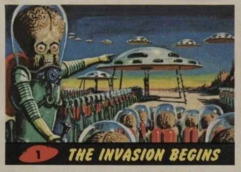 1962 Mars Attacks #1 The Invasion Begins Trading Card 1962 Mars Attacks #1 The Invasion Begins Trading Card