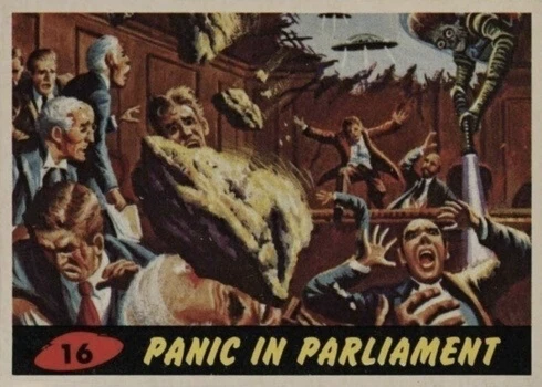 1962 Mars Attacks #16 Panic In Parliament Trading Card 1962 Mars Attacks #16 Panic In Parliament Trading Card