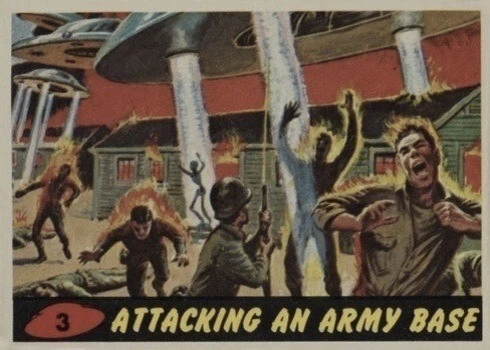 1962 Mars Attacks #3 Attacking An Army Base Trading Card 1962 Mars Attacks #3 Attacking An Army Base Trading Card