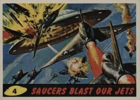 1962 Mars Attacks #4 Saucers Blast Our Jets Trading Card 1962 Mars Attacks #4 Saucers Blast Our Jets Trading Card