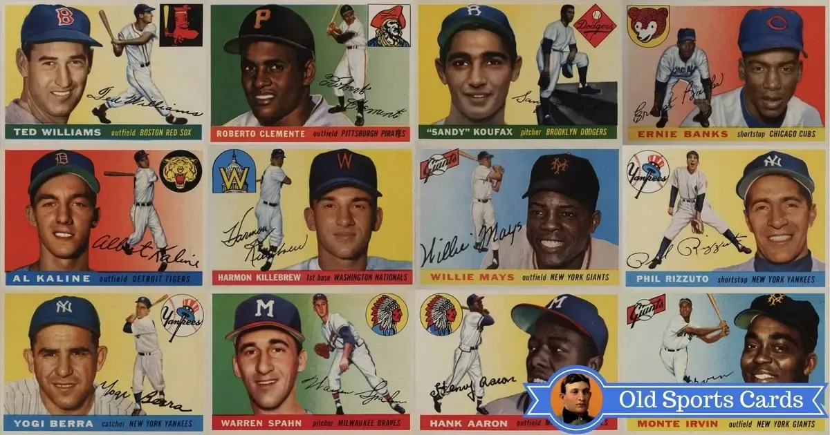 A collage of the most valuable cards from the 1955 Topps Baseball sports card set.