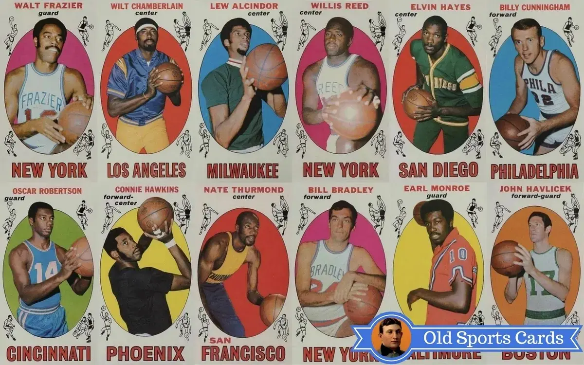 A collage of the most valuable cards from the 1969 Topps Basketball sports card set.