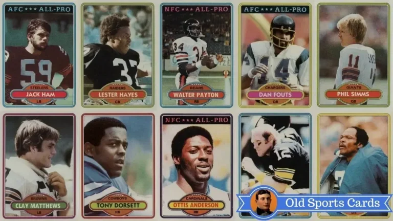 A collage of the most valuable cards from the 1980 Topps Football sports card set.