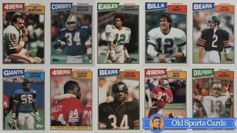 A collage of the most valuable cards from the 1987 Topps Football sports card set.