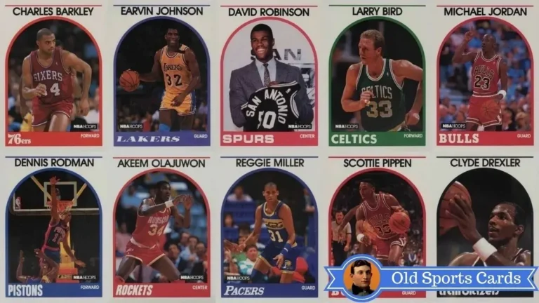 A collage of the most valuable cards from the 1989 NBA Hoops Basketball sports card set.