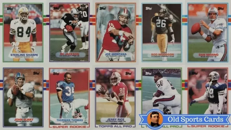 A collage of the most valuable cards from the 1989 Topps Football sports card set.