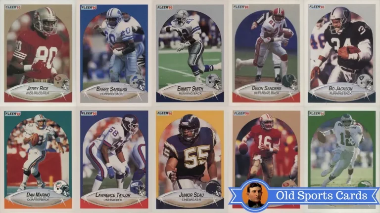 A collage of the most valuable cards from the 1990 Fleer Football sports card set.