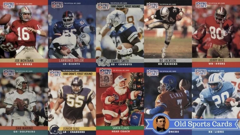 A collage of the most valuable cards from the 1990 Pro Set Football sports card set.